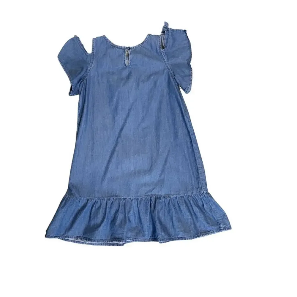 Crazy 8 Girls Chambray Denim Ruffled Aline Dress Cold Shoulder SZ 10 Cotton Blue
